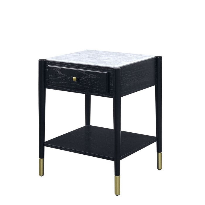 Marble Top End Table with 1 Drawer and 1 Bottom Shelf, Black and White