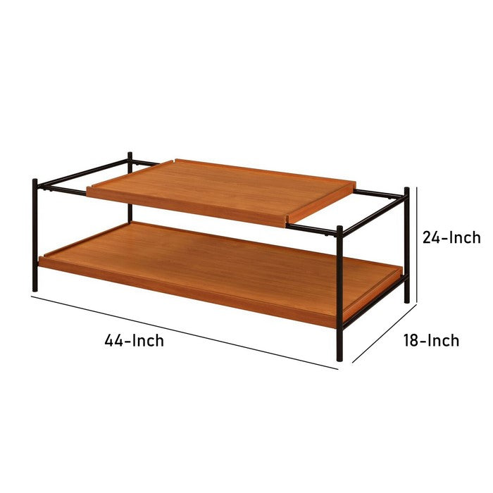 Rectangular Wooden Top Metal Frame Coffee Table, Oak Brown and Black