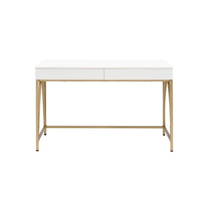 Rectangular Wooden Frame Desk with 2 Drawers and Metal Legs, White and Gold