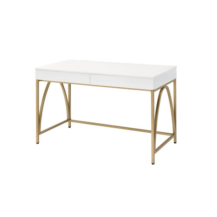 Rectangular Wooden Frame Desk with 2 Drawers and Metal Legs, White and Gold
