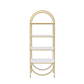 Arched Metal Frame Wooden Bookshelf with 4 Open Compartments,White and Gold