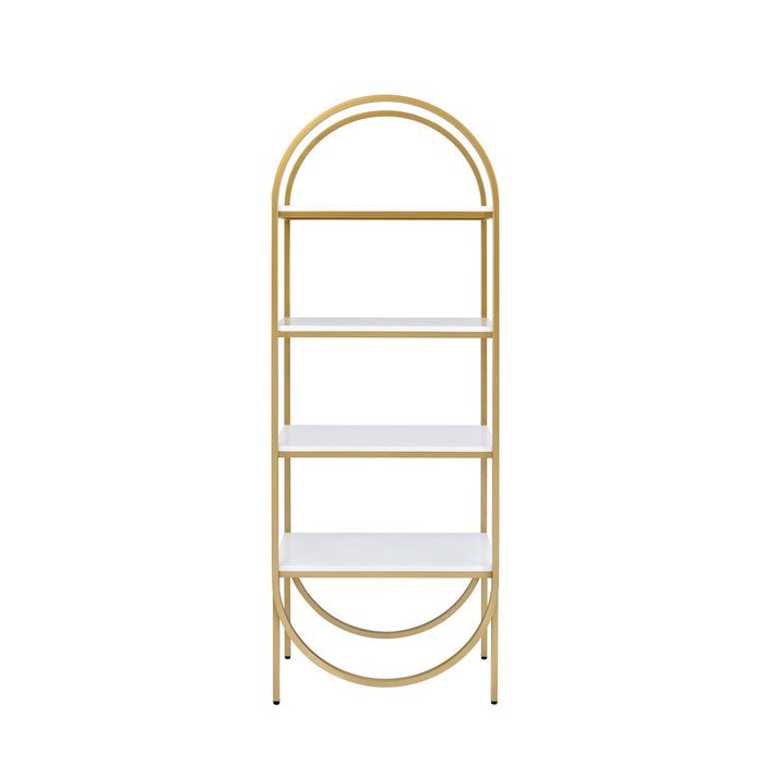 Arched Metal Frame Wooden Bookshelf with 4 Open Compartments,White and Gold
