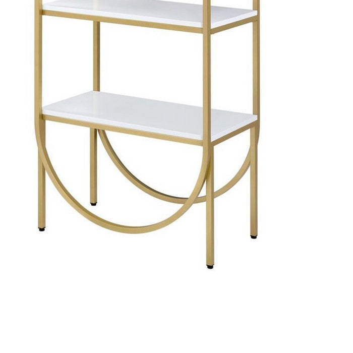 Arched Metal Frame Wooden Bookshelf with 4 Open Compartments,White and Gold