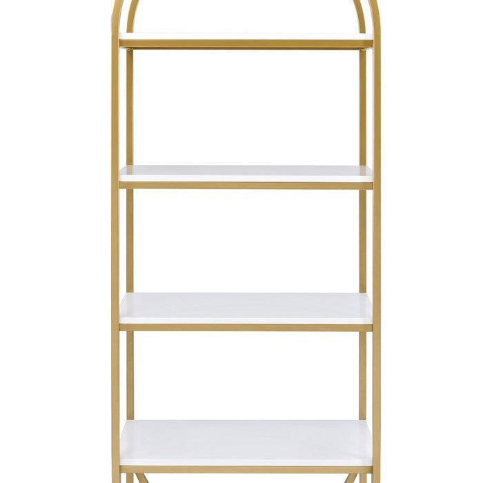 Arched Metal Frame Wooden Bookshelf with 4 Open Compartments,White and Gold