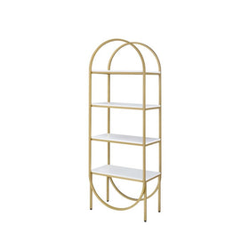 Arched Metal Frame Wooden Bookshelf with 4 Open Compartments,White and Gold