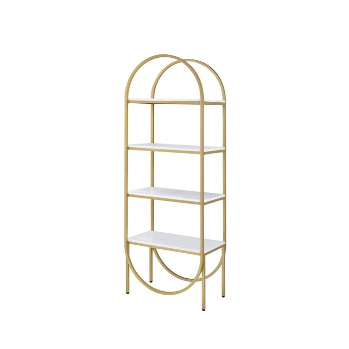 Arched Metal Frame Wooden Bookshelf with 4 Open Compartments,White and Gold