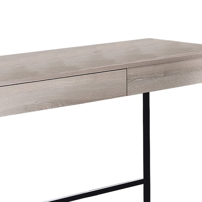 Wooden Desk with 2 Drawers and Metal Frame, Washed White and Black