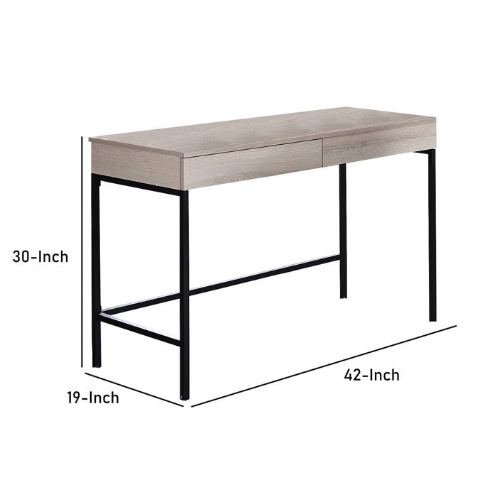 Wooden Desk with 2 Drawers and Metal Frame, Washed White and Black