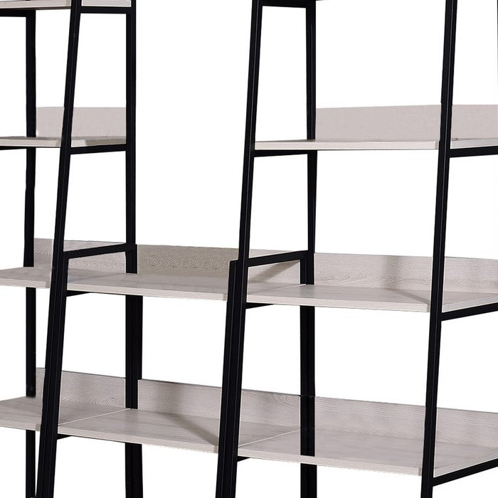 Wooden Bookshelf with 5 Open Compartments, Washed White and Black