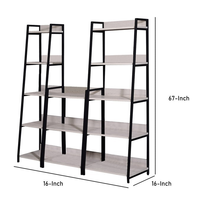 Wooden Bookshelf with 5 Open Compartments, Washed White and Black