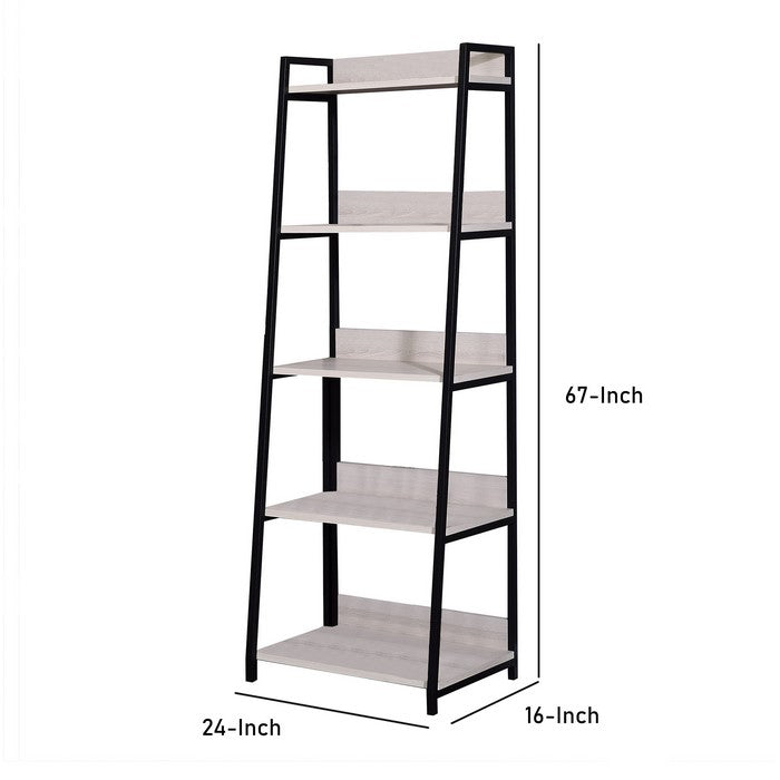 Wooden Frame Bookshelf with 5 Open Compartments, Washed White and Black