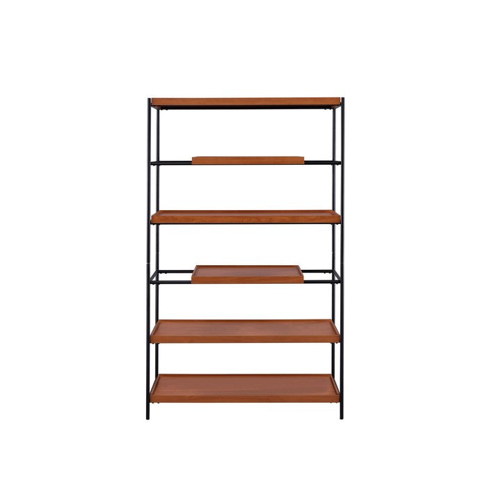 5 Tier Wooden Bookshelf with Open Metal Frame, Oak Brown and Black