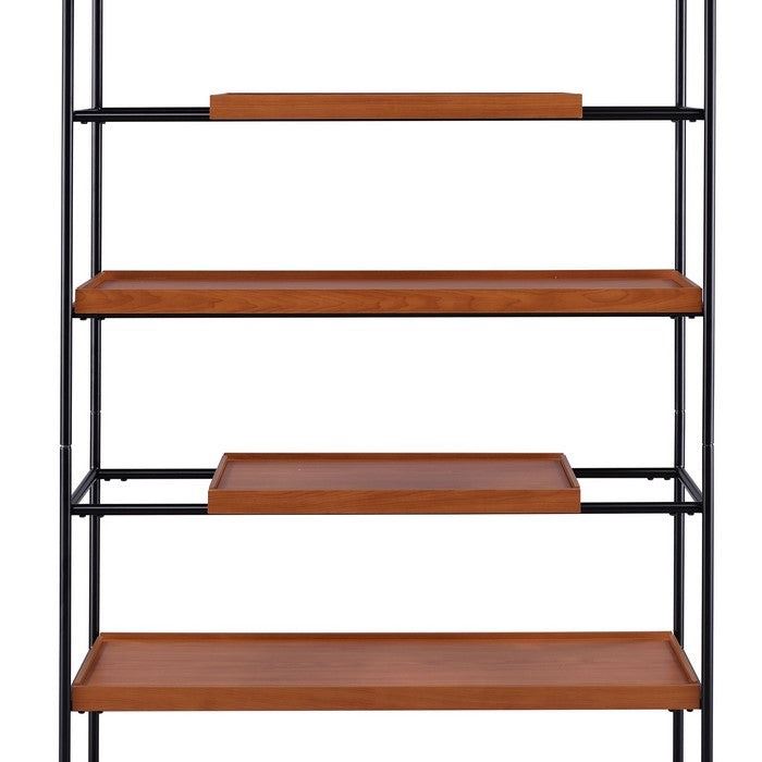 5 Tier Wooden Bookshelf with Open Metal Frame, Oak Brown and Black