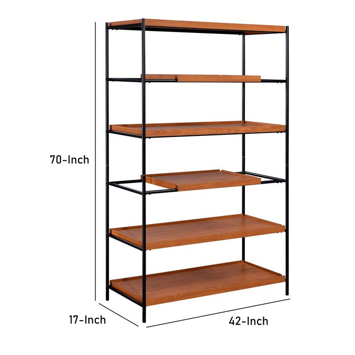5 Tier Wooden Bookshelf with Open Metal Frame, Oak Brown and Black