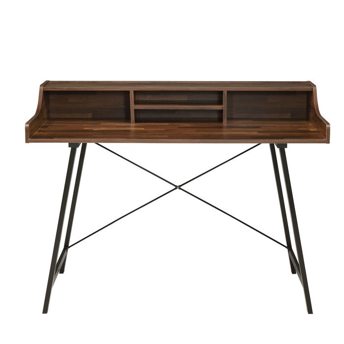Wooden Desk with 4 Open Compartments and Sawhorse Base, Brown and Black