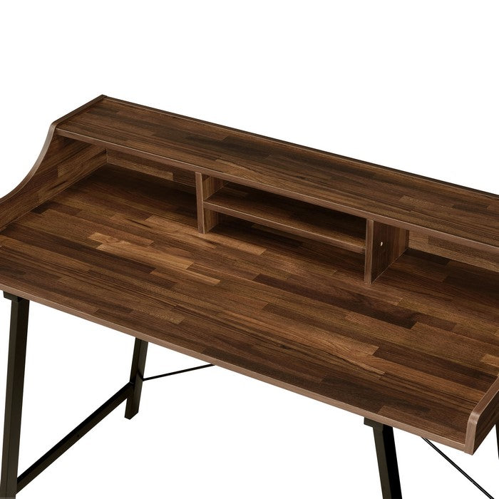 Wooden Desk with 4 Open Compartments and Sawhorse Base, Brown and Black