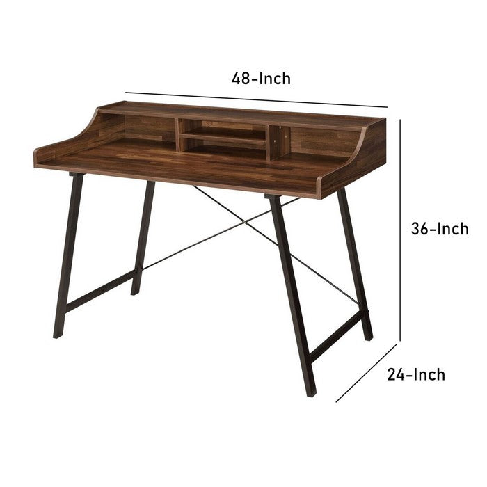 Wooden Desk with 4 Open Compartments and Sawhorse Base, Brown and Black