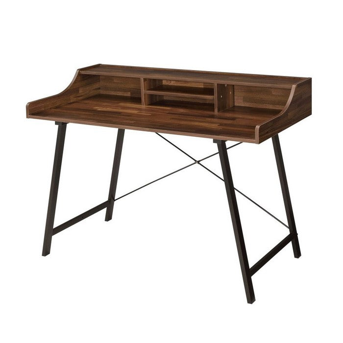 Wooden Desk with 4 Open Compartments and Sawhorse Base, Brown and Black