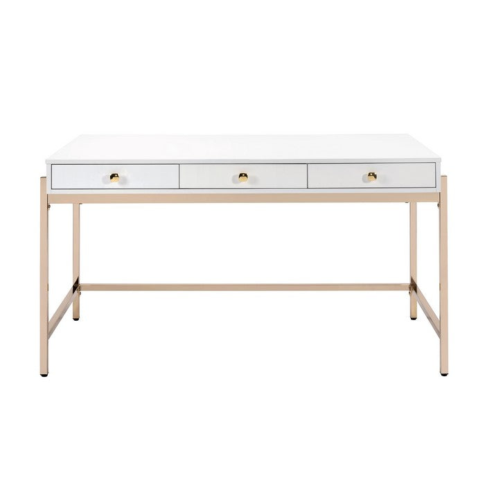 Wooden Desk with 3 Drawers and Metal Frame, Glossy White and Gold