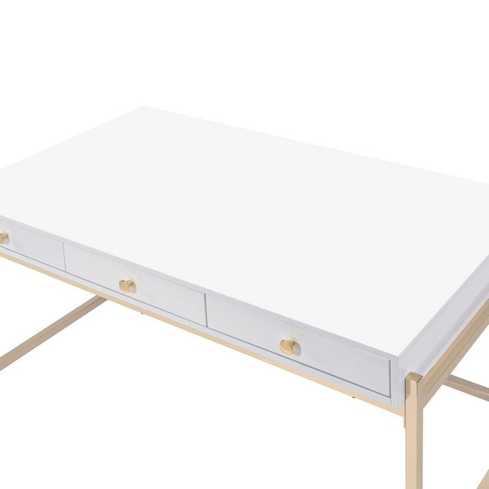 Wooden Desk with 3 Drawers and Metal Frame, Glossy White and Gold