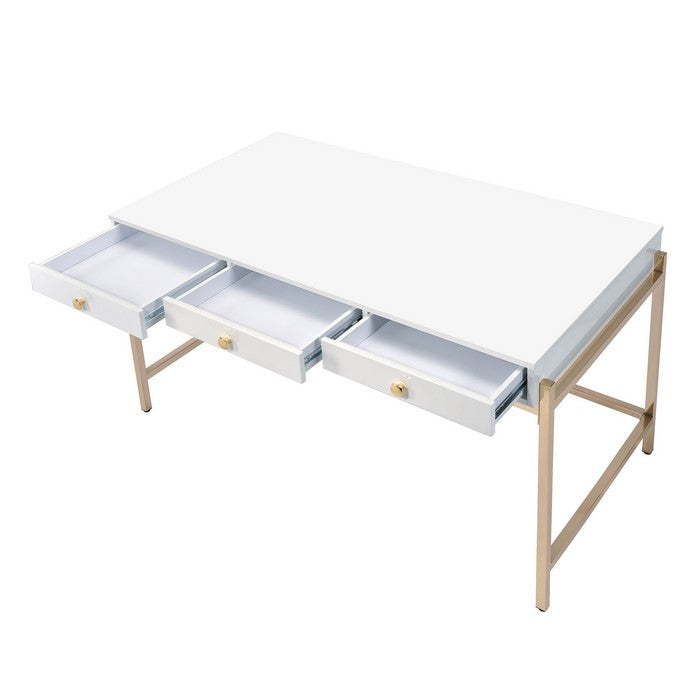 Wooden Desk with 3 Drawers and Metal Frame, Glossy White and Gold
