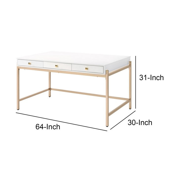 Wooden Desk with 3 Drawers and Metal Frame, Glossy White and Gold