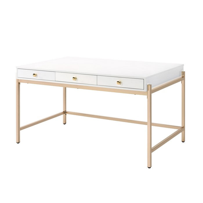 Wooden Desk with 3 Drawers and Metal Frame, Glossy White and Gold