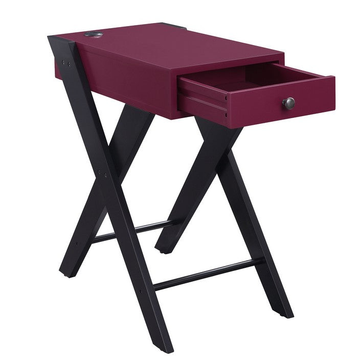 Wooden Frame Side Table with X Shaped Legs and 1 Drawer, Purple and Black