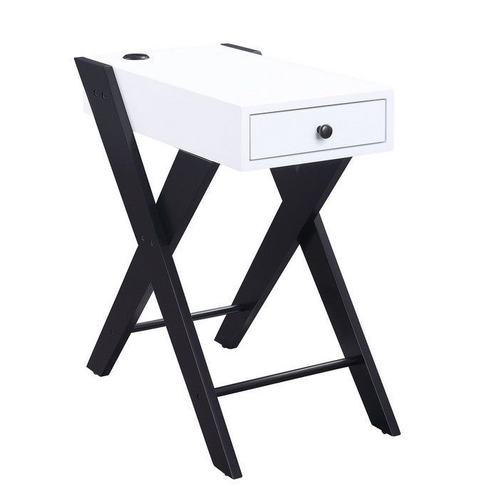 Wooden Frame Side Table with X Shaped Legs and 1 Drawer, White and Black