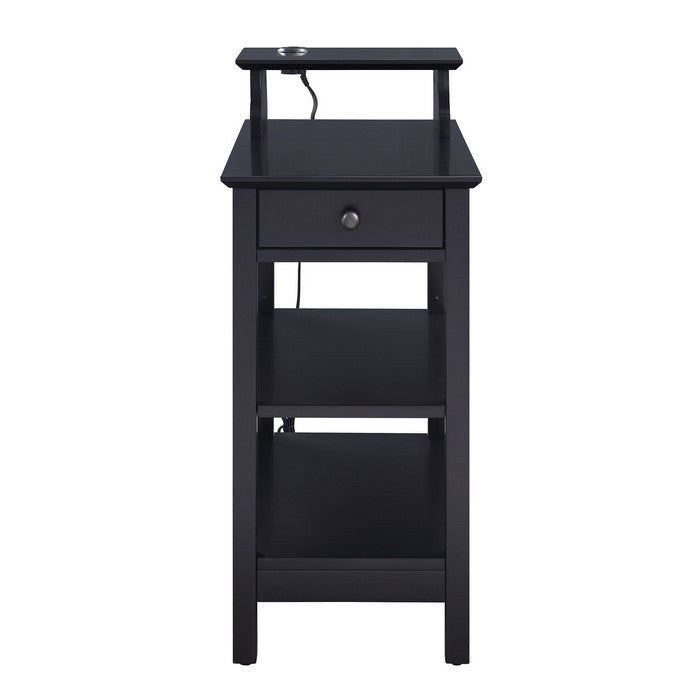 Wooden Frame Side Table with 3 Open Compartments and 1 Drawer, Black