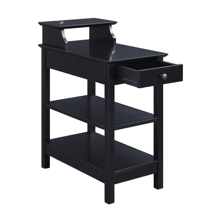 Wooden Frame Side Table with 3 Open Compartments and 1 Drawer, Black