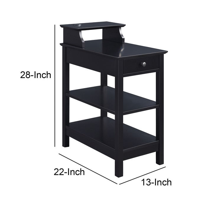 Wooden Frame Side Table with 3 Open Compartments and 1 Drawer, Black