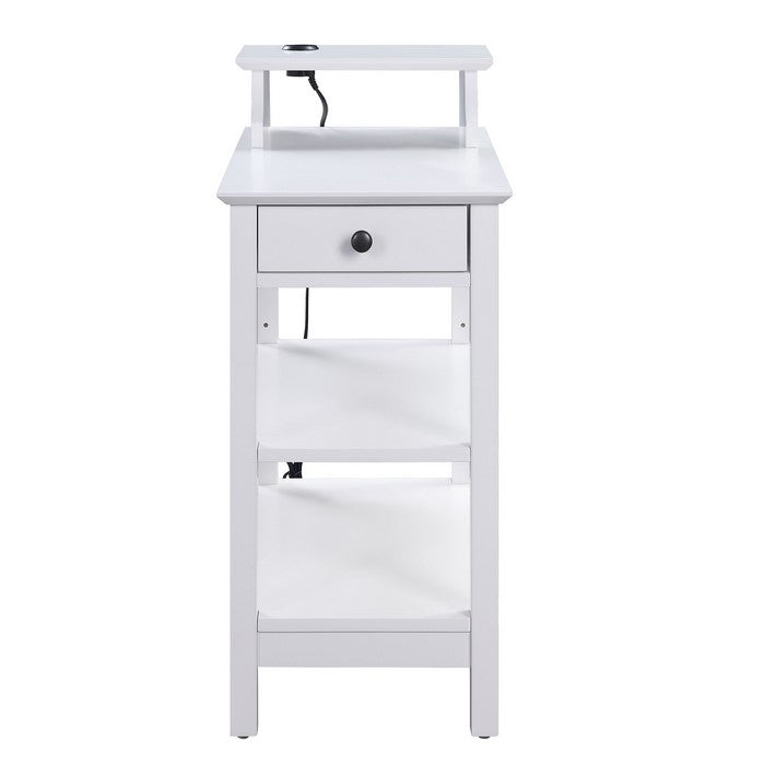 Wooden Frame Side Table with 3 Open Compartments and 1 Drawer, White