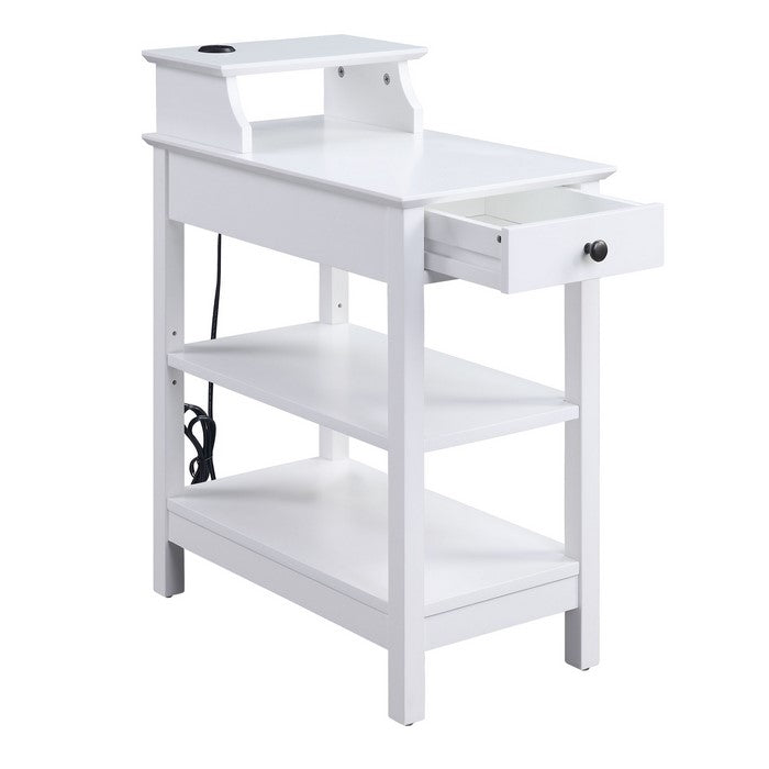 Wooden Frame Side Table with 3 Open Compartments and 1 Drawer, White