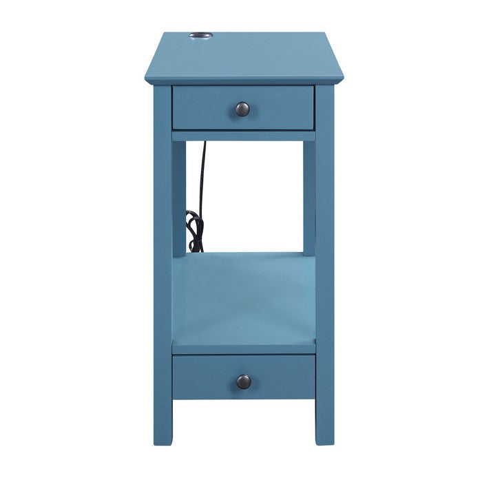 Wooden Frame Side Table with 2 Drawers and 1 Bottom Shelf, Teal Blue