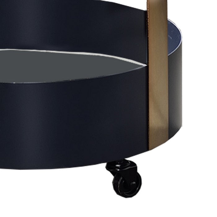 Round Metal Frame Serving Cart with Casters and Open Shelf, Black and Gold