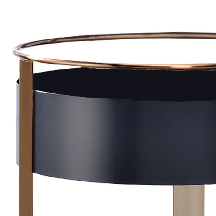 Round Metal Frame Serving Cart with Casters and Open Shelf, Black and Gold