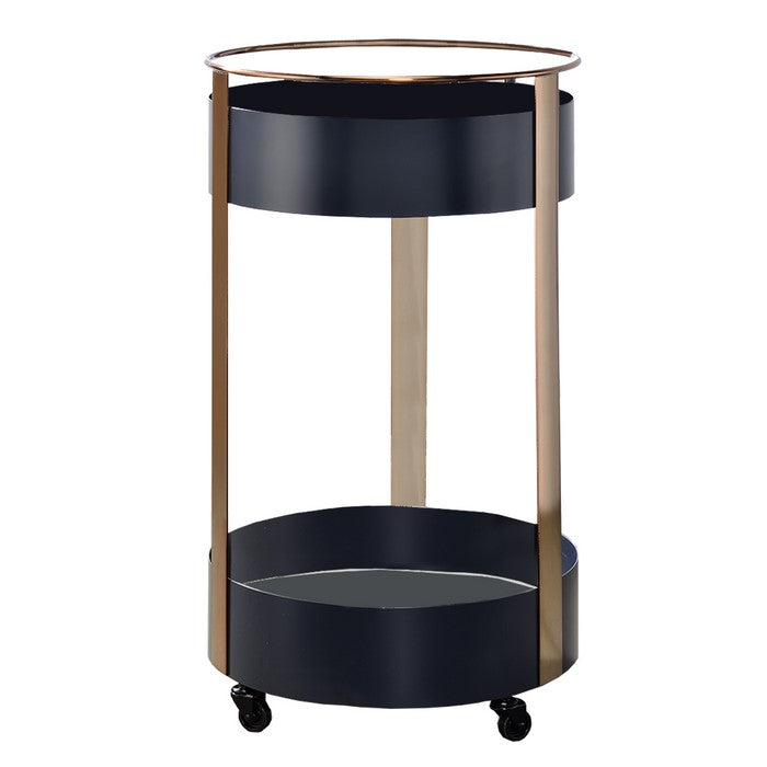 Round Metal Frame Serving Cart with Casters and Open Shelf, Black and Gold