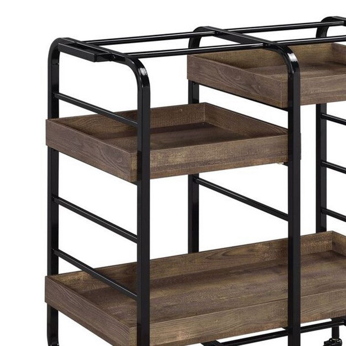 Metal Frame Serving Cart with 3 Open Storage and Casters, Brown and Black