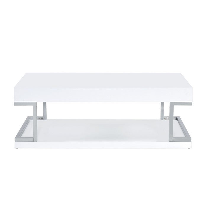 High Gloss Contemporary Coffee Table with Bottom Shelf, White and Silver