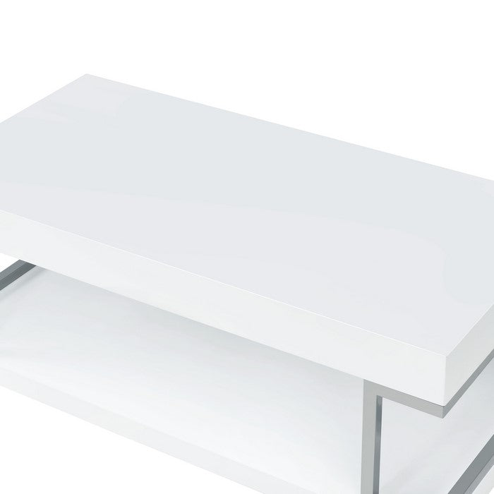 High Gloss Contemporary Coffee Table with Bottom Shelf, White and Silver