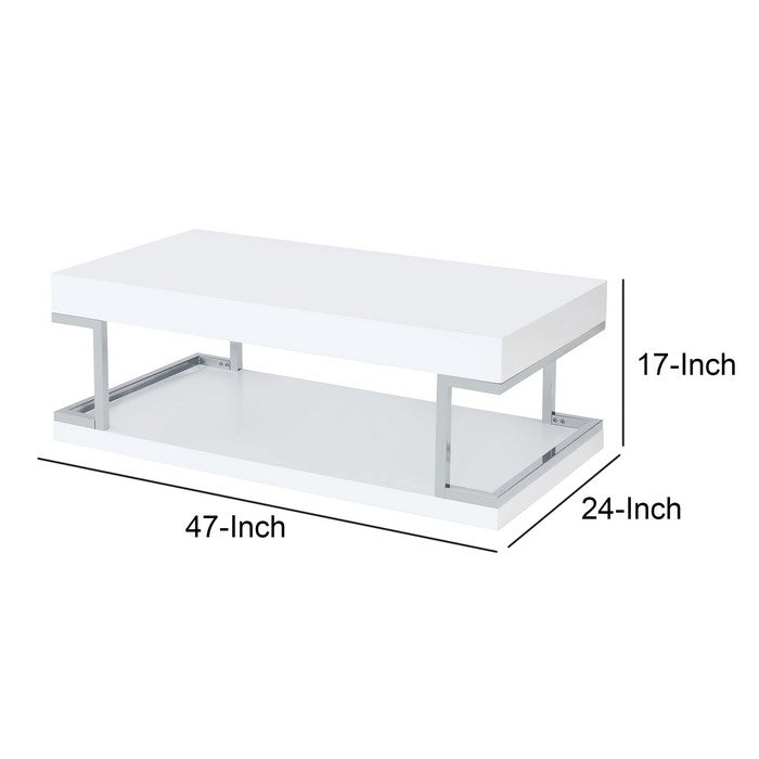 High Gloss Contemporary Coffee Table with Bottom Shelf, White and Silver