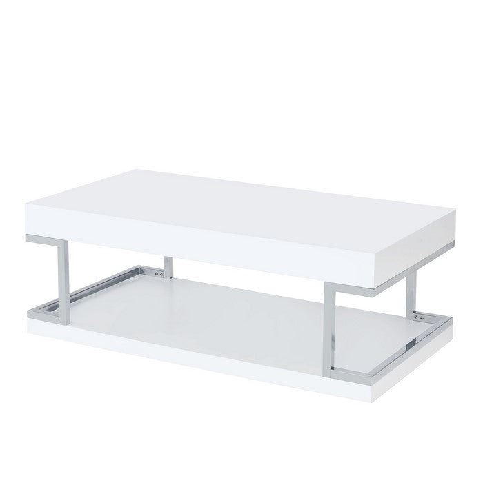 High Gloss Contemporary Coffee Table with Bottom Shelf, White and Silver