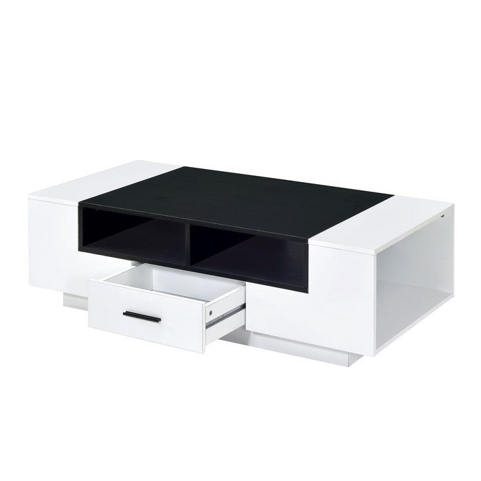 Contemporary Coffee Table with Drawer and Open Compartment, Black and White