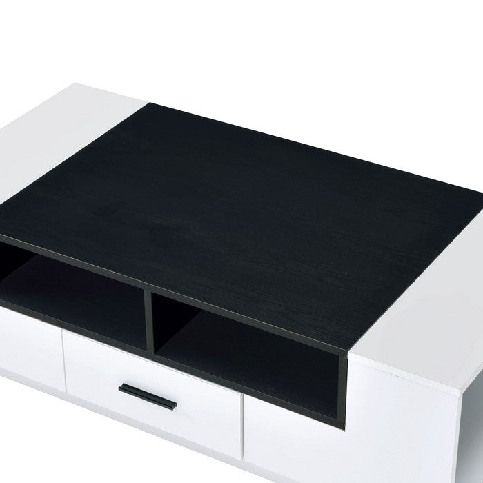 Contemporary Coffee Table with Drawer and Open Compartment, Black and White
