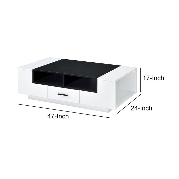 Contemporary Coffee Table with Drawer and Open Compartment, Black and White
