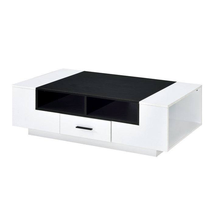 Contemporary Coffee Table with Drawer and Open Compartment, Black and White