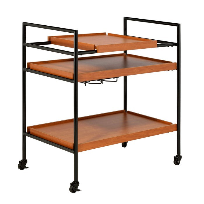 Metal Frame Serving Cart with Adjustable Compartments, Oak Brown and Black