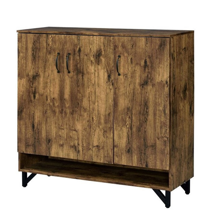 3 Door Wooden Shoe Cabinet with 5 Storage Compartments and V Legs, Brown