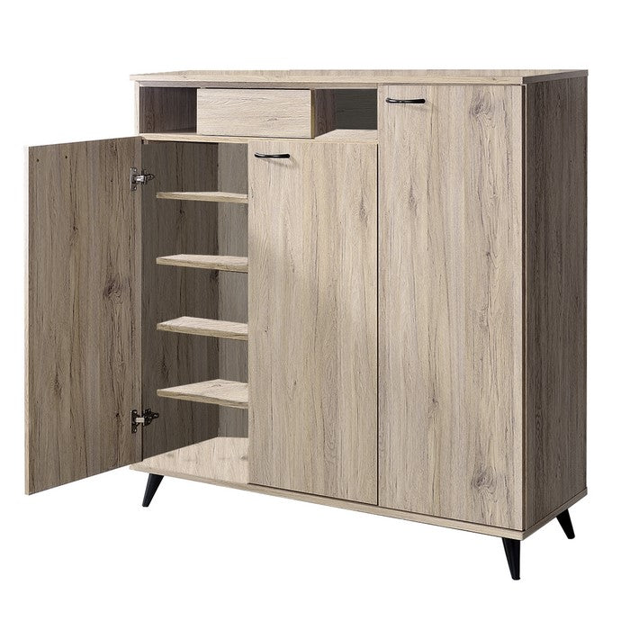 3 Door Wooden Shoe Cabinet with 1 Drawer and 2 Open Compartments, Brown